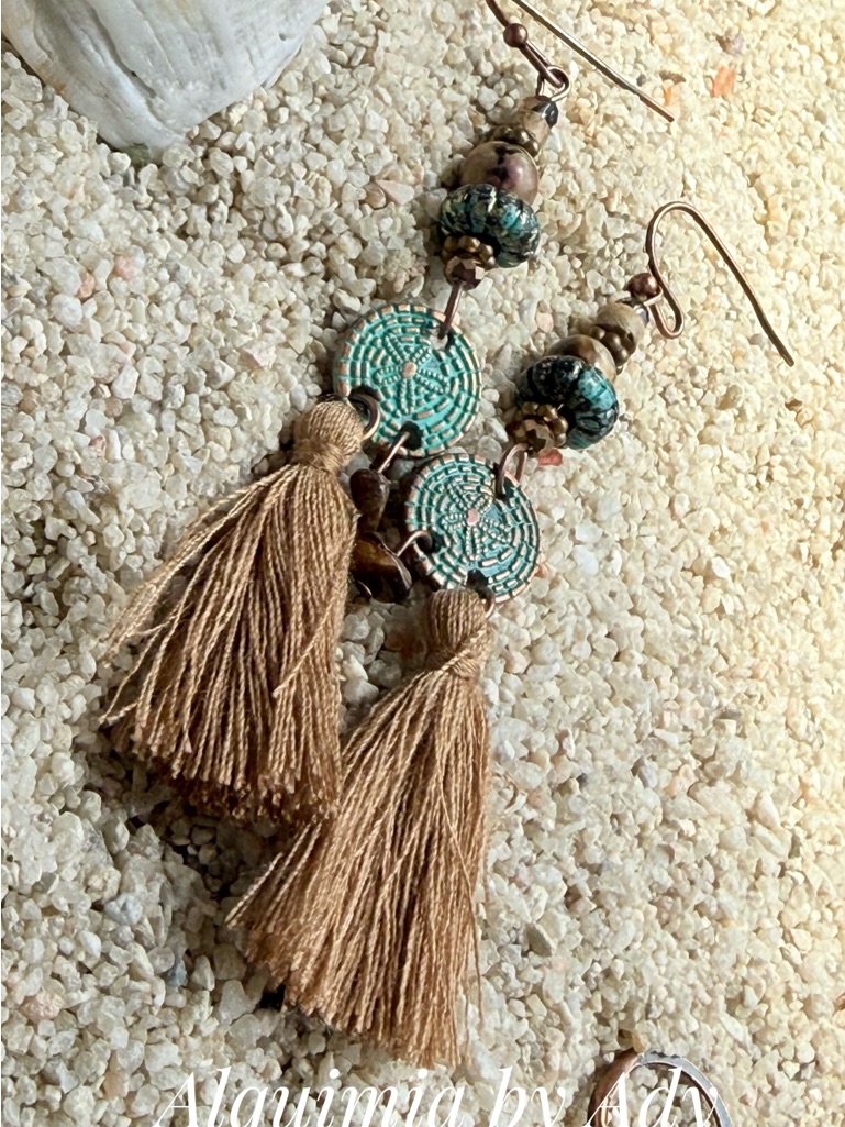 Alquimia Teal And Tan Tassel Drop Earrings